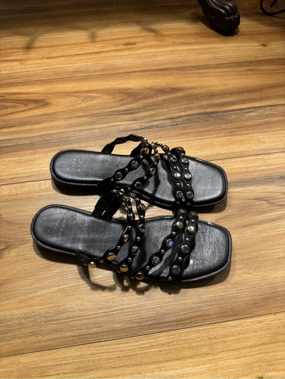 a new day Black Sandals With Gold Studded Braided-Strap Slide Sandals